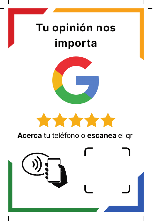 Cartel Opinaya con Google, cinco estrellas, NFC y espacio para QR